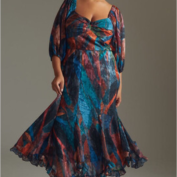 Hutch Twist-Front Puff Sleeve Ruffle Hem Multicolor Midi Dress By Anthropologie